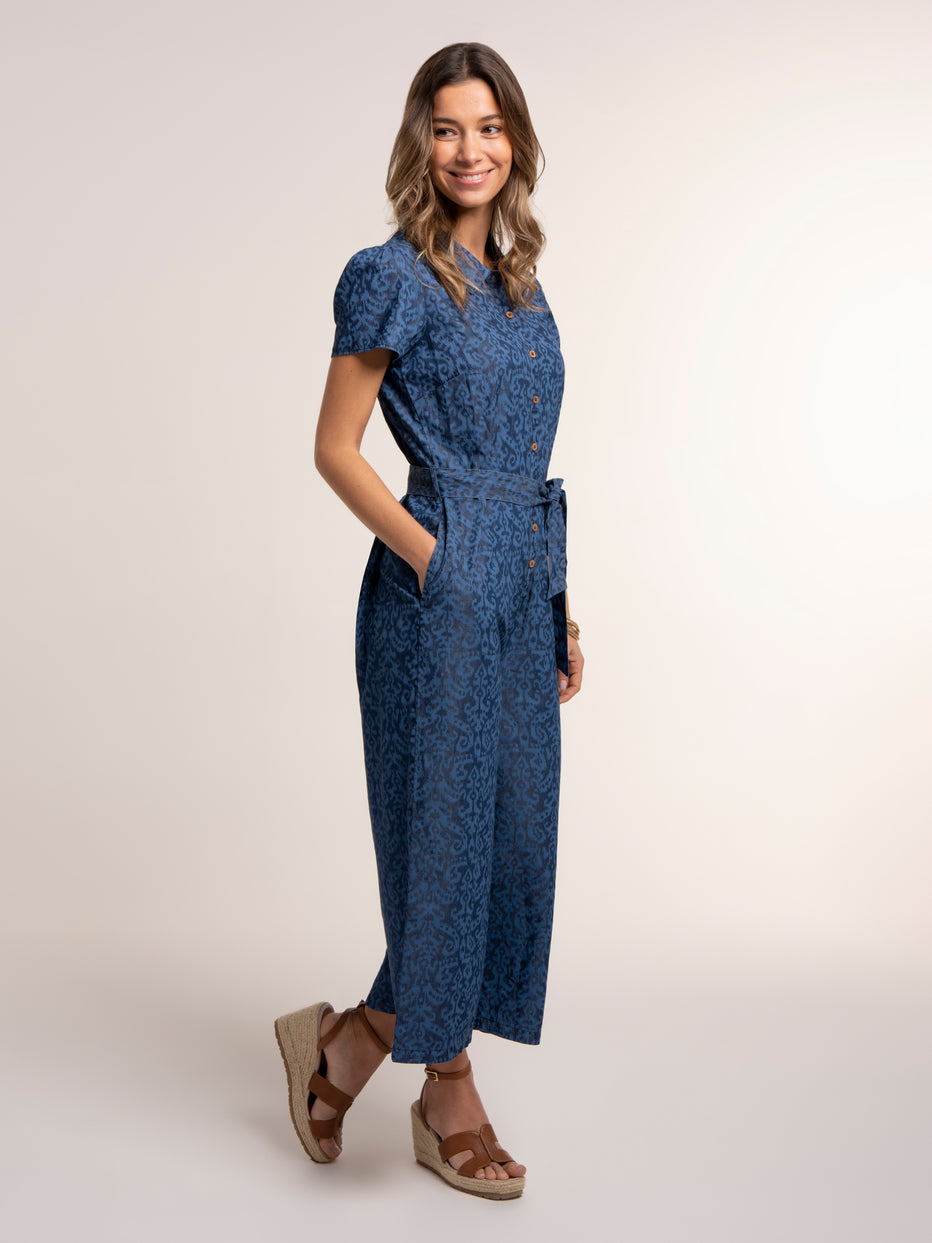 Brakeburn Buzios Ikat Printed Cropped Wide Leg Jumpsuit-Jumpsuits-8-Blue-