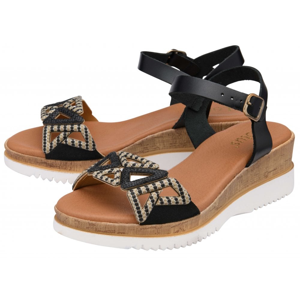 Lotus Black Leather Ariah Open-Toe Wedge Sandals | Lotus