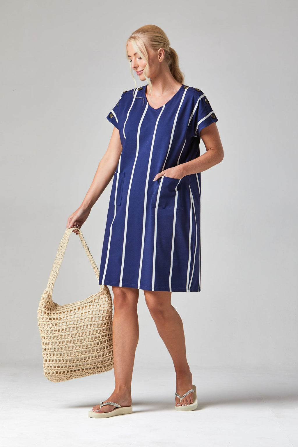 Alice Collins Button Shoulder Dress-Dress-8-Navy/White-