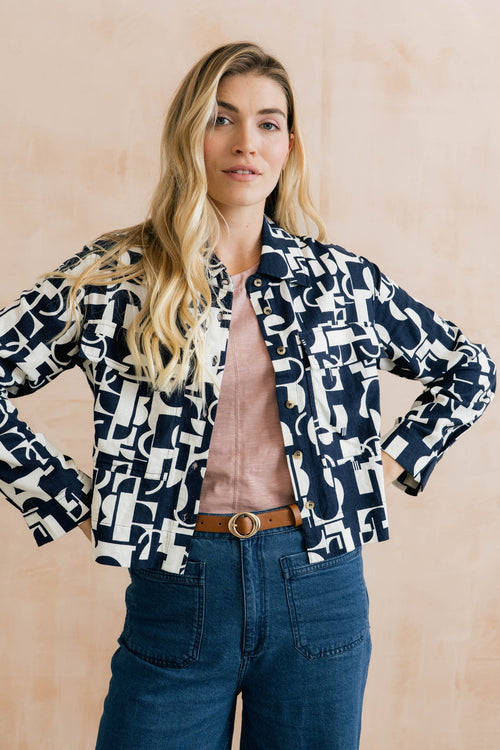 Lily and Me Grasslands Linen Blend Geo Print Jacket Navy