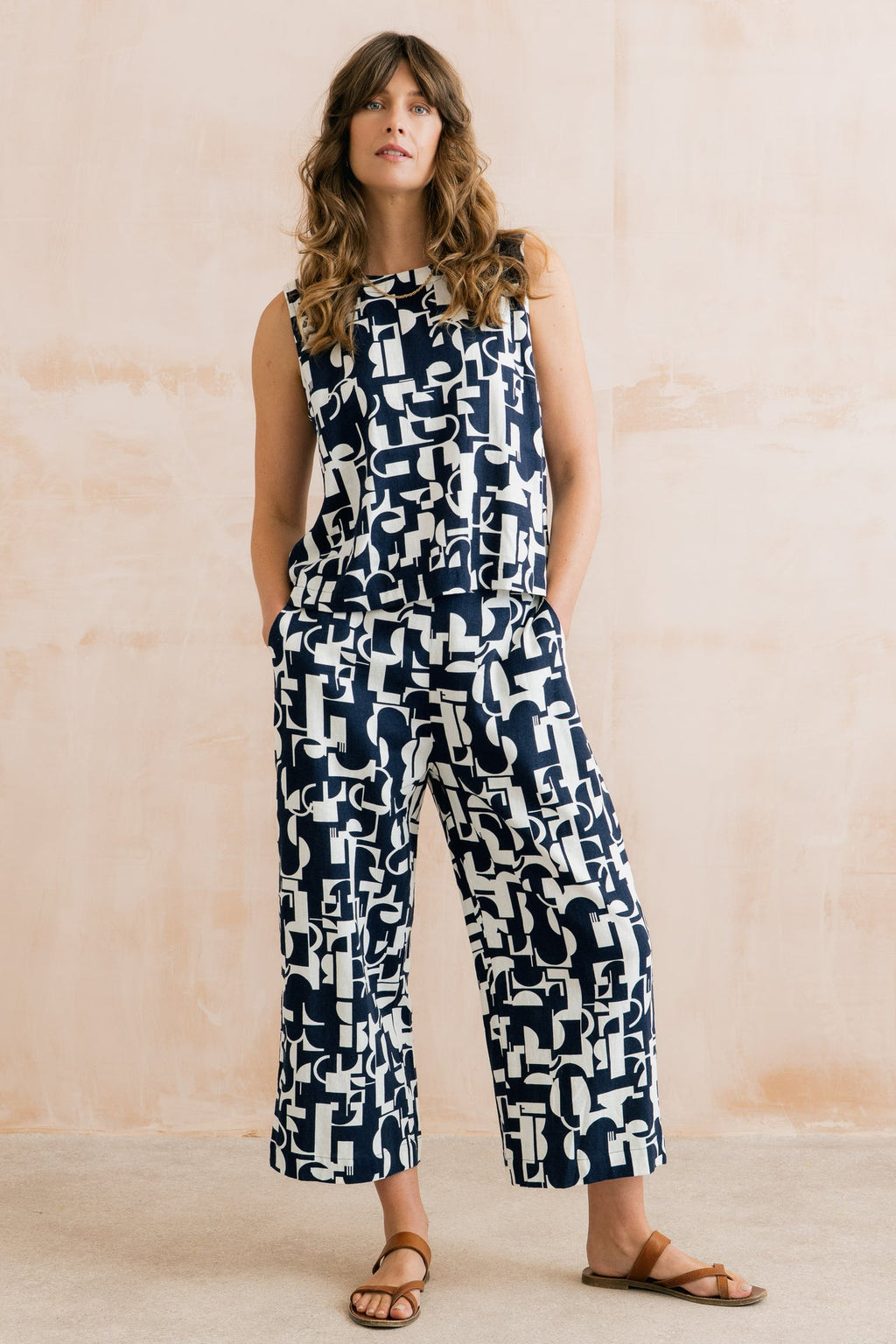 Lily and Me Greta Highline Print Cropped Trousers-Trousers-8-Mocha-