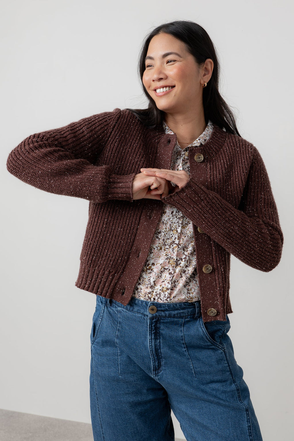 Lily and Me June Rib Cardigan Fleck Knit-White finn