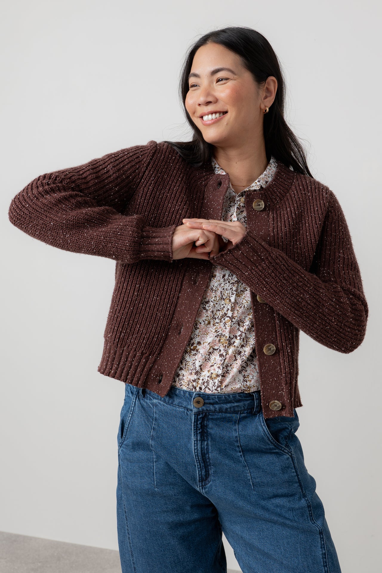 Lily and Me June Rib Cardigan Fleck Knit-White finn