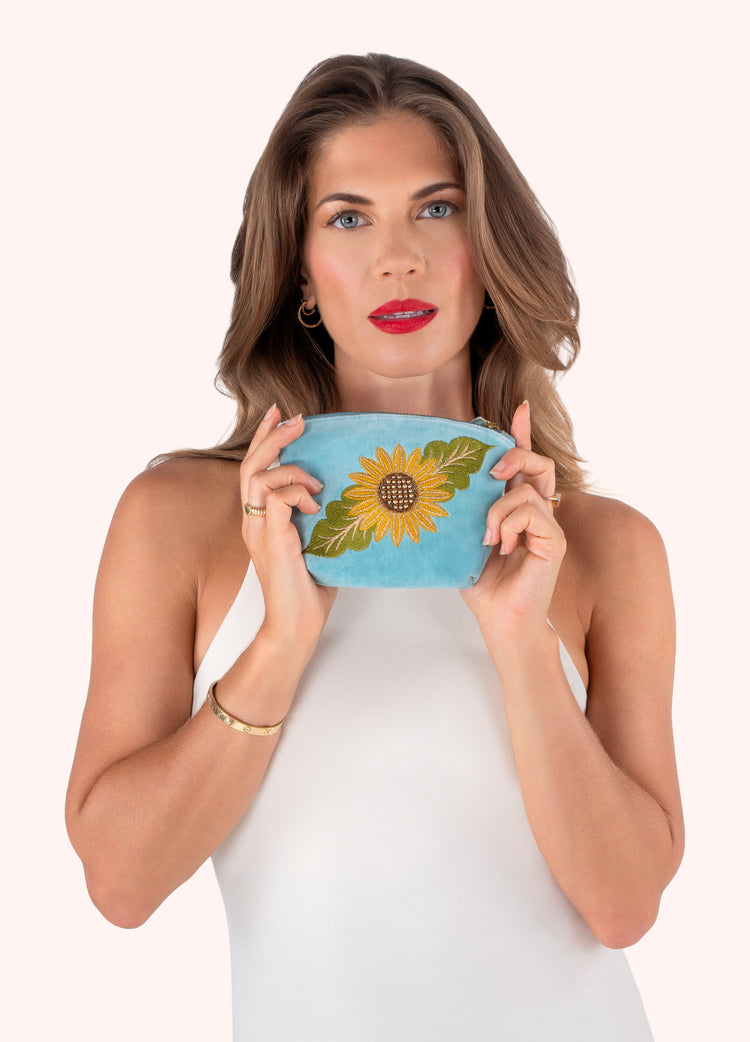 Powder Embroidered Velvet Mini Pouch - Summer Sunflower-Powder-White finn