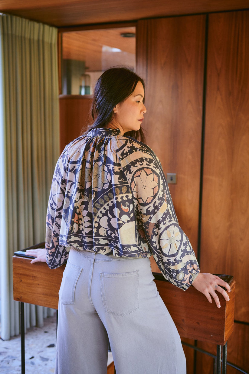 One Hundred Stars Susani Charcoal Pussy Bow Blouse-Shirts & Tops-White finn