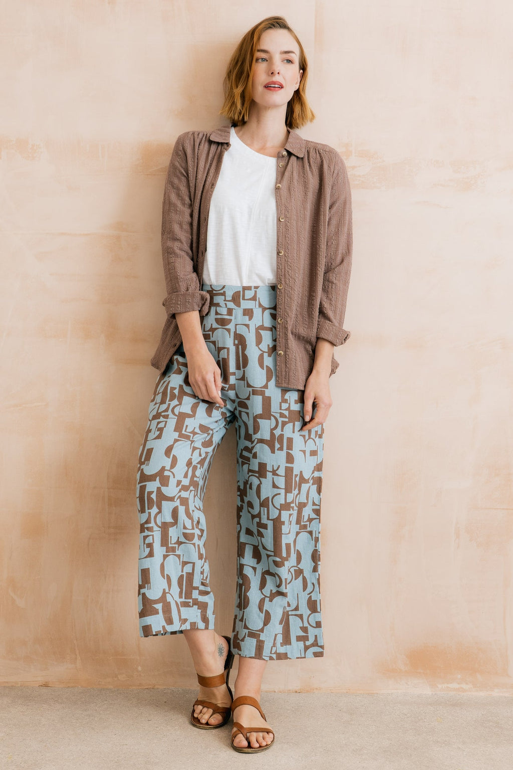 Lily and Me Greta Highline Print Cropped Trousers-Trousers-8-Mocha-