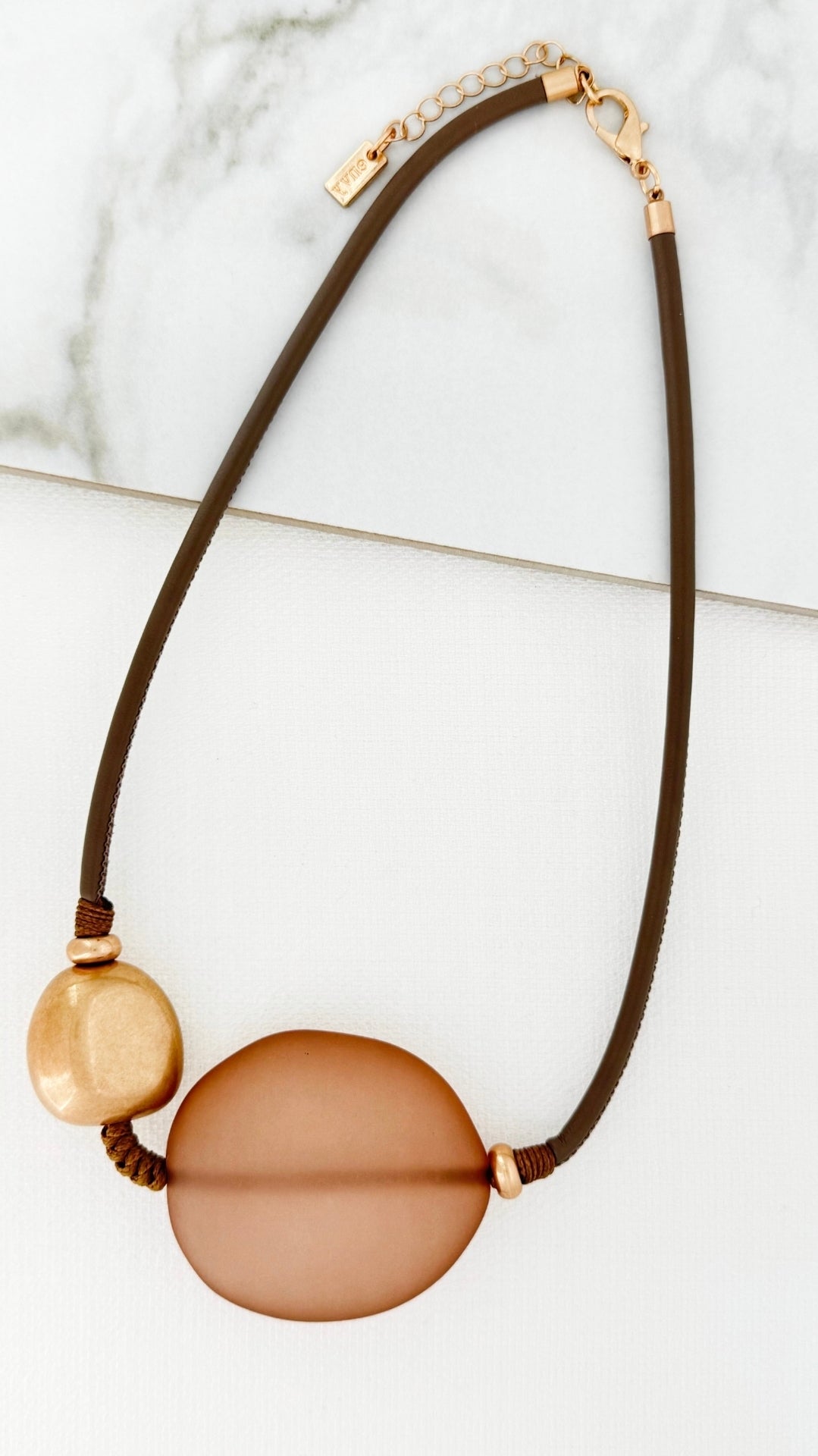 Envy 4749 Short taupe cord necklace with gold and tan frosted oval pendant-Envy-White finn