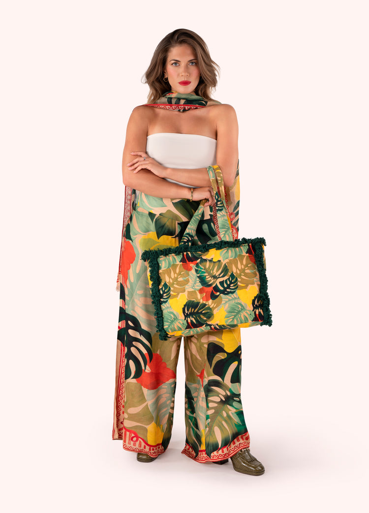 Powder Fringed Box Tote - Exotic Leaves-Powder-White finn