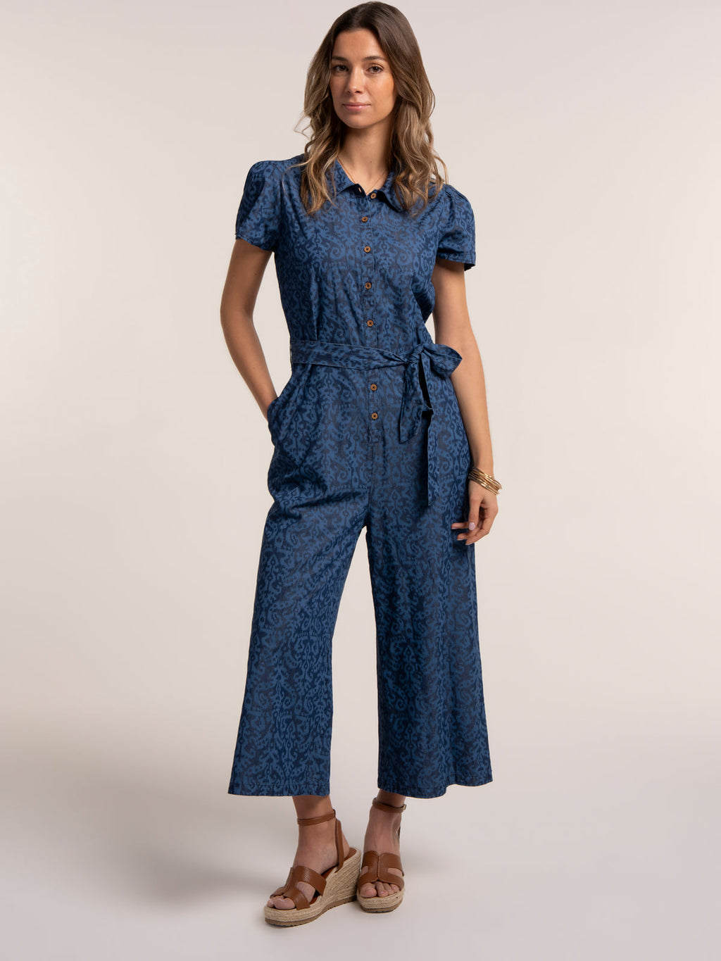 Brakeburn Buzios Ikat Printed Cropped Wide Leg Jumpsuit-Jumpsuits-8-Blue-