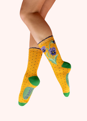 Powder Ladies' Ankle Socks - Spring Pansies-Powder-White finn
