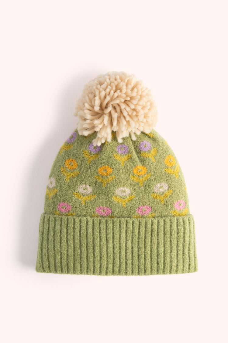 Powder Willow Ditsy Flower Pompom Hat, Sage-Hat-White finn