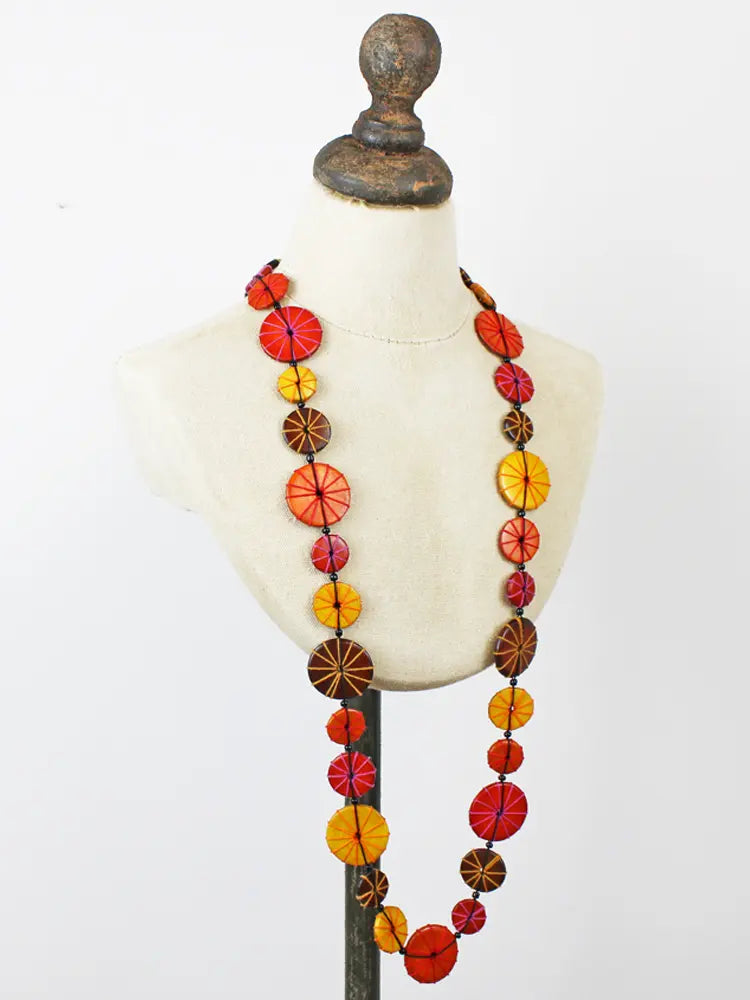Suzie Blue Long Wooden Disc and Tread Necklace UL6501