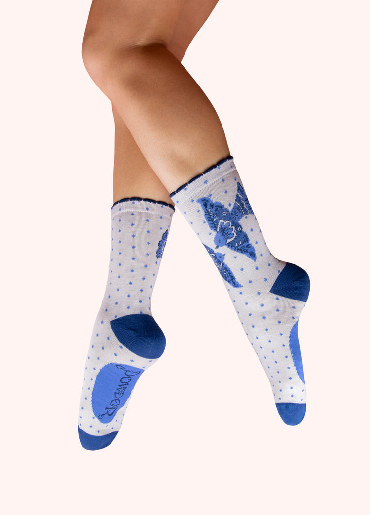 Powder Ladies' Ankle Socks - Blue Birds-Powder-White finn