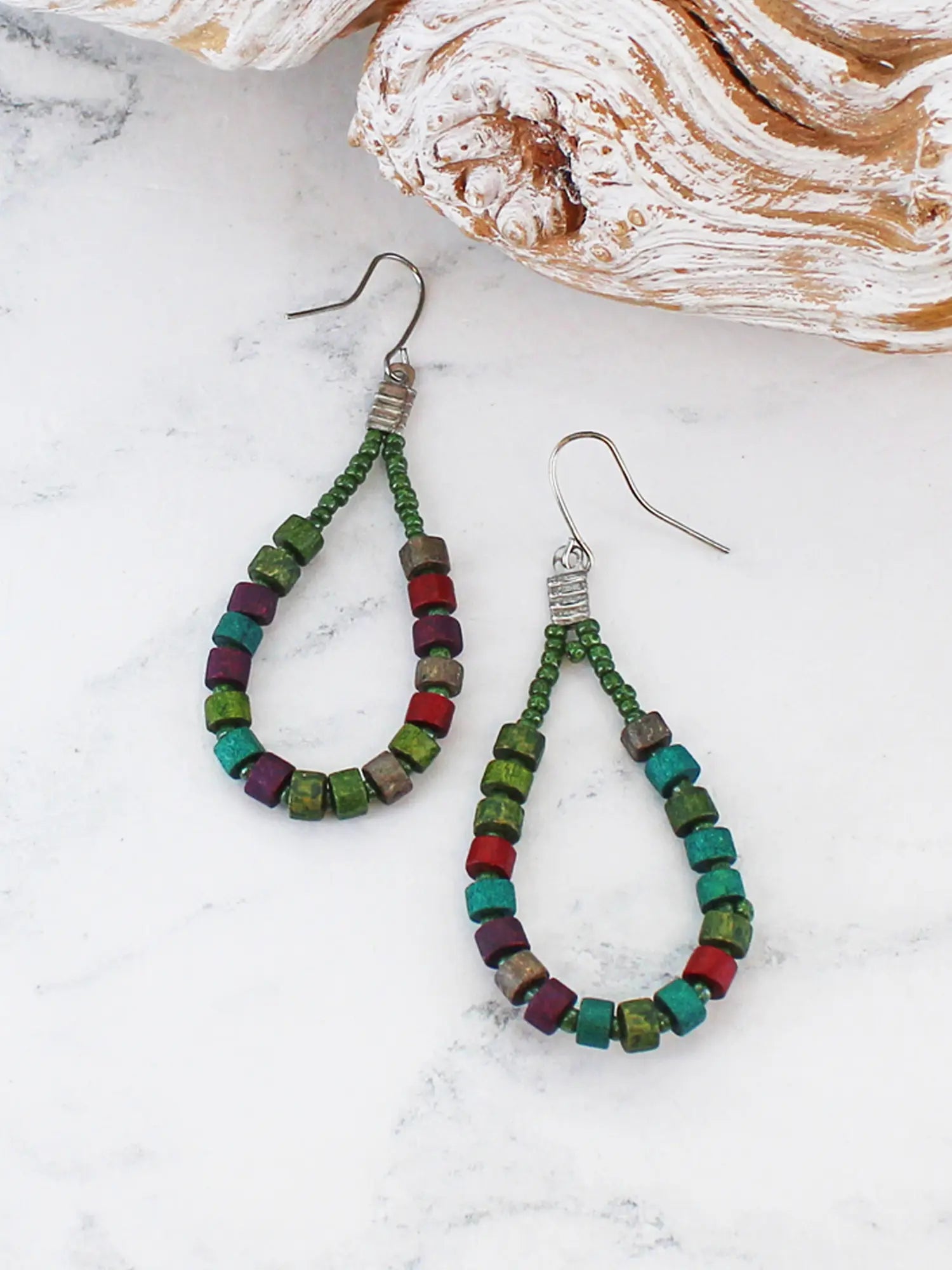 Suzie Blue Wooden and Bead Hoop Earrings DC6312