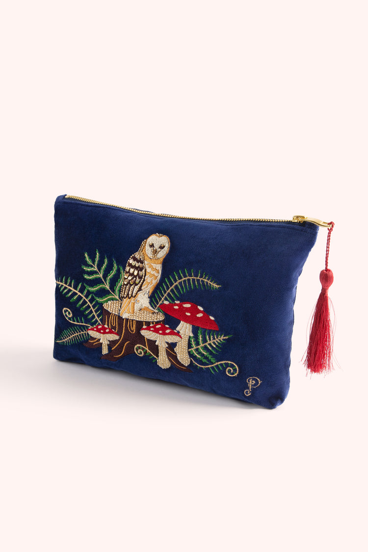 Powder Velvet Zip Pouch - Woodland Owl-White finn -White finn
