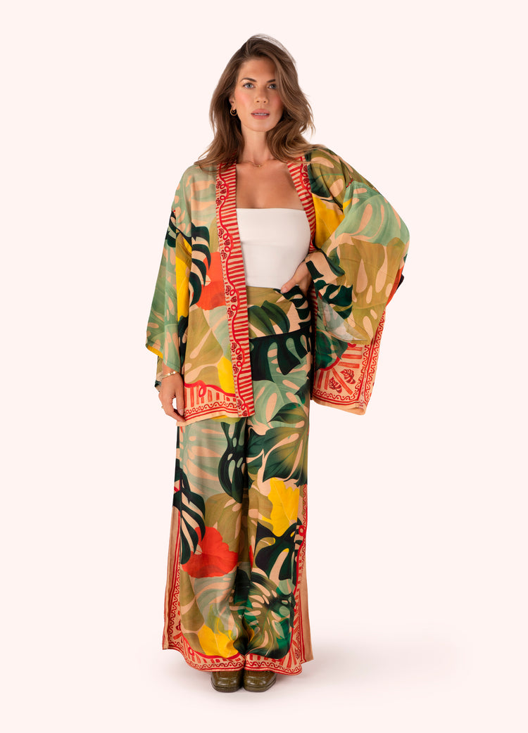 Powder Kimono Jacket - Exotic Leaves-Powder-White finn