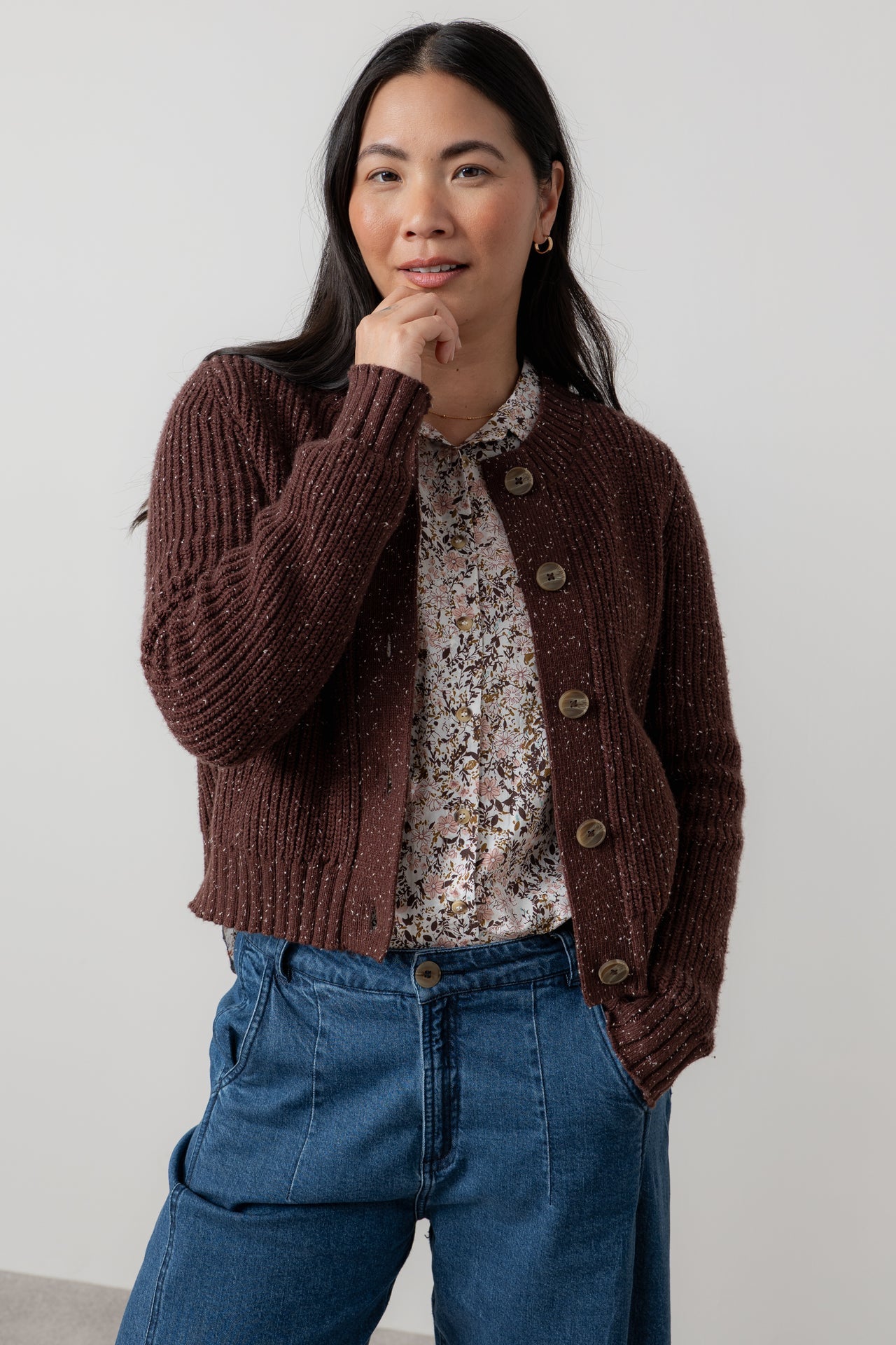 Lily and Me June Rib Cardigan Fleck Knit-White finn