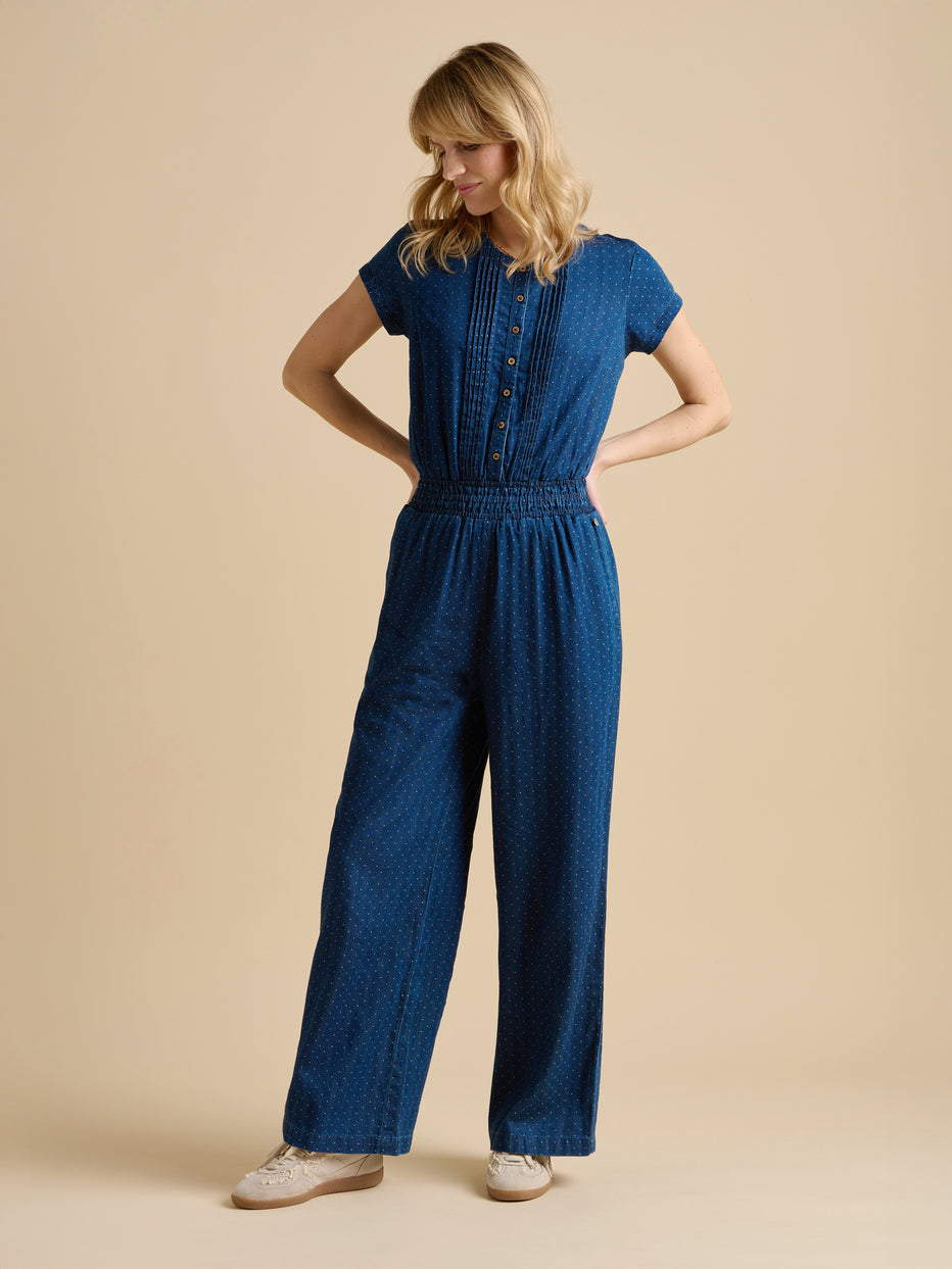 Brakeburn Spot Denim Wide Leg Jumpsuit-White finn