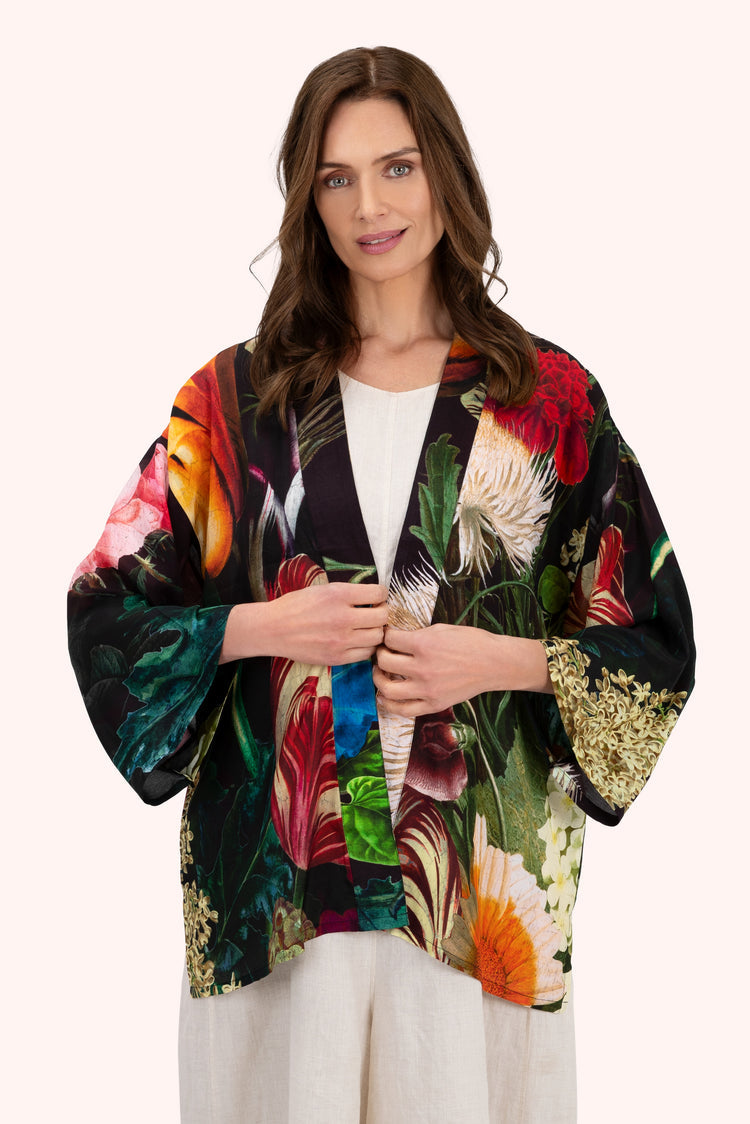 Powder Mid-Length Kimono - Opulant florals, Chocolate