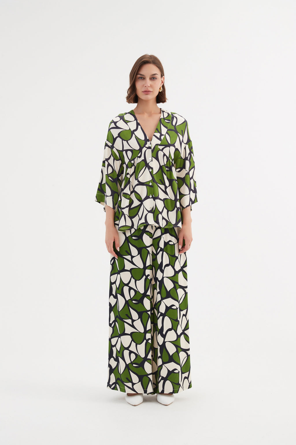 Tirelli V Neck Peplum Top Rayon Green Oasis