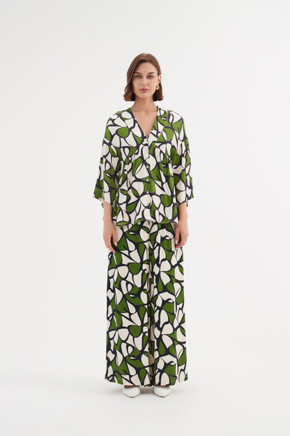Tirelli V Neck Peplum Top Rayon Green Oasis