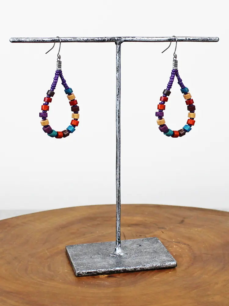 Suzie Blue Wooden and Bead Hoop Earrings DC6312