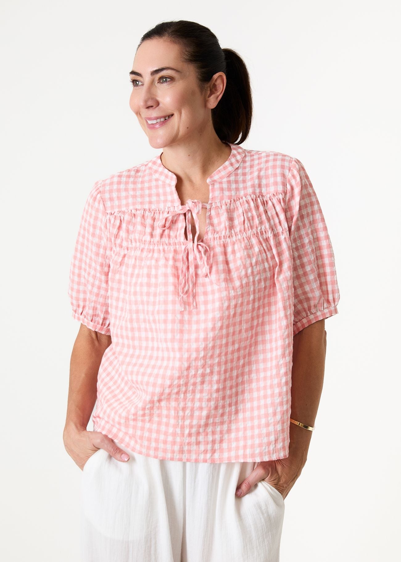 Dreams Gingham Nehru Tie Neck Shirred Blouse