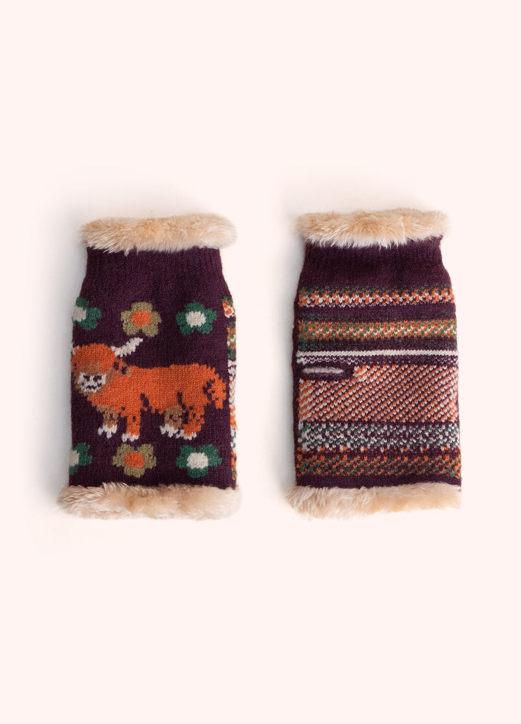 Powder Highland Cow Wrist Warmers, Damson