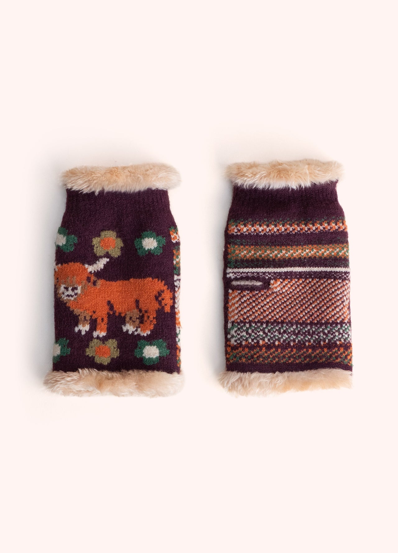 Powder Highland Cow Wrist Warmers, Damson