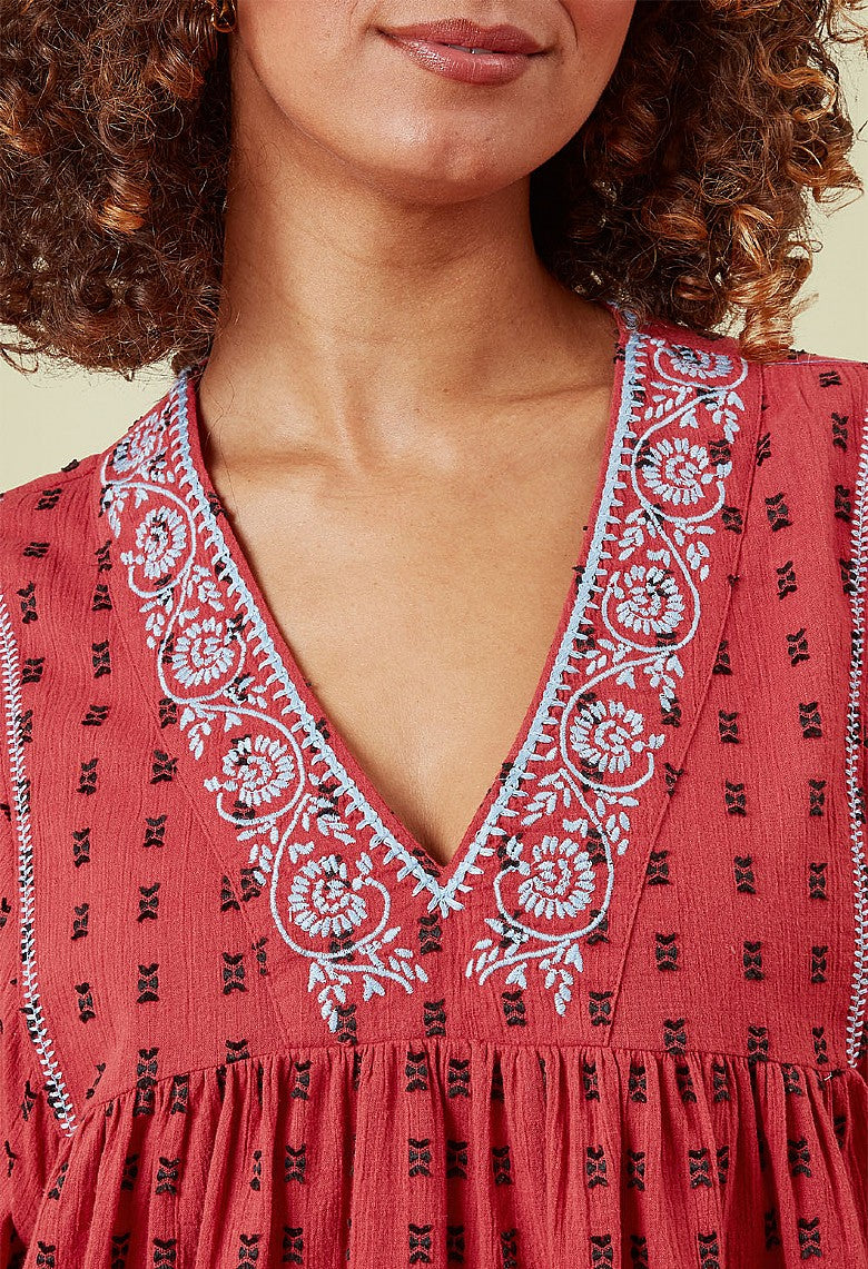 Adini Cotton Jacquard Dobby Top - Spiced Red-Adini-White finn