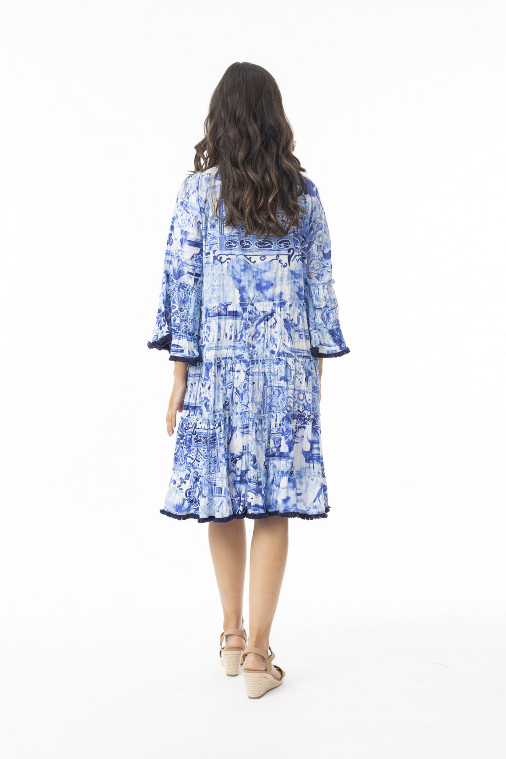 Orientique Okayama Dress Layers Frill Sleeve-Dress-8-Blue multi-