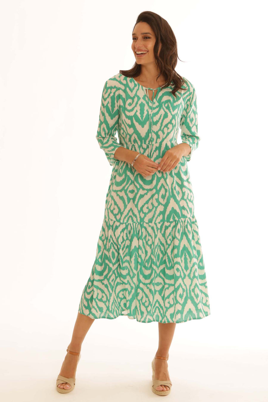 Pomodoro Ikat Tiered Dress-White finn