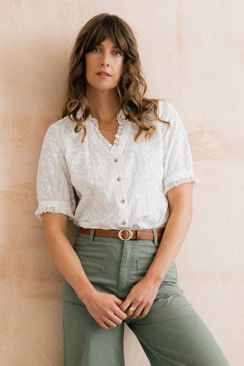 Lily and Me Wren Embroidered Cotton Frill Blouse White-Shirts & Tops-10-