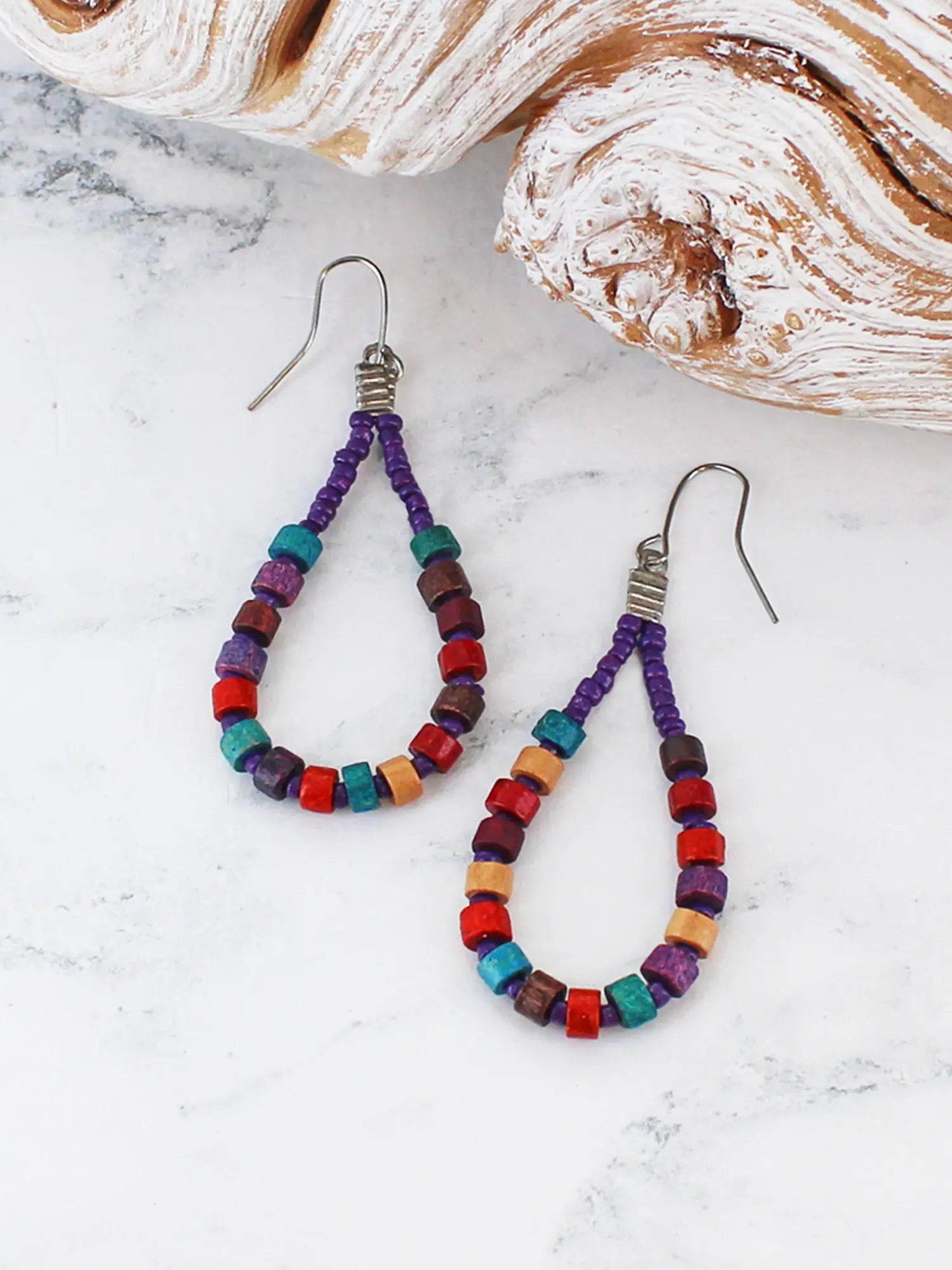 Suzie Blue Wooden and Bead Hoop Earrings DC6312