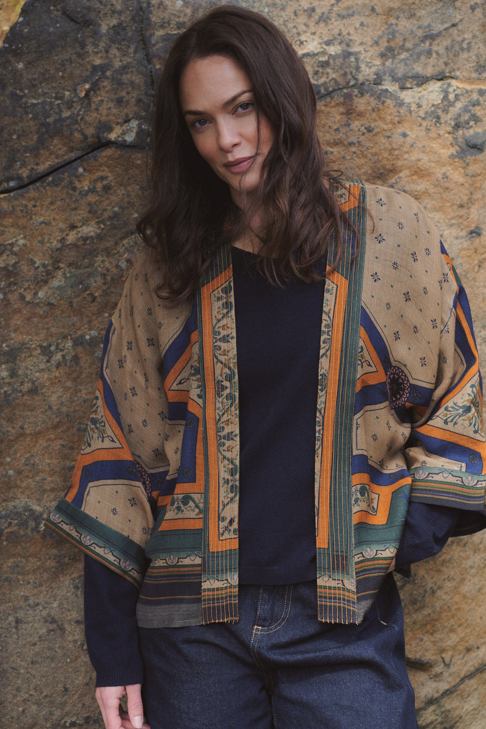 One Hundred Stars Fleur De Lys Sand Wool Kimono