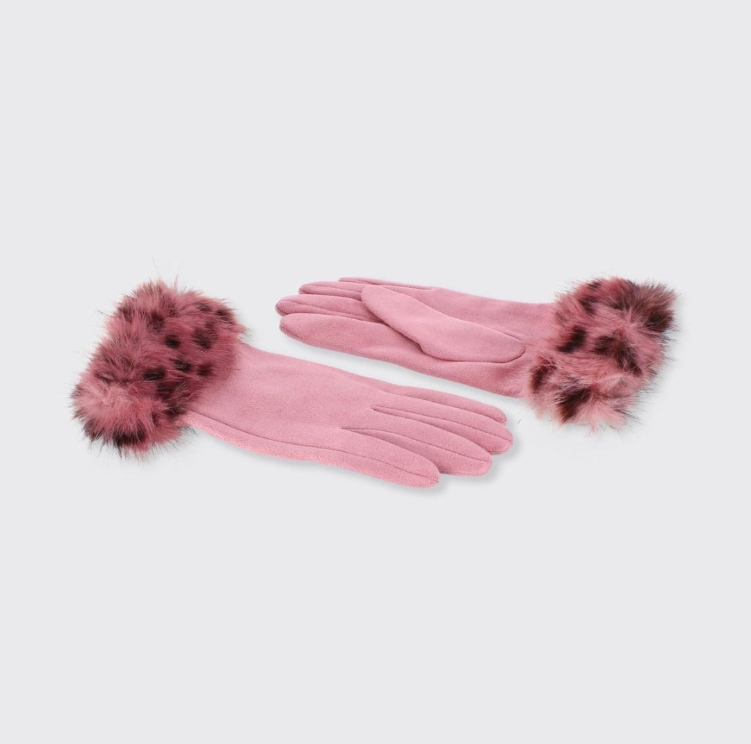 Snow Leopard Faux Fur Edge Gloves - Pink