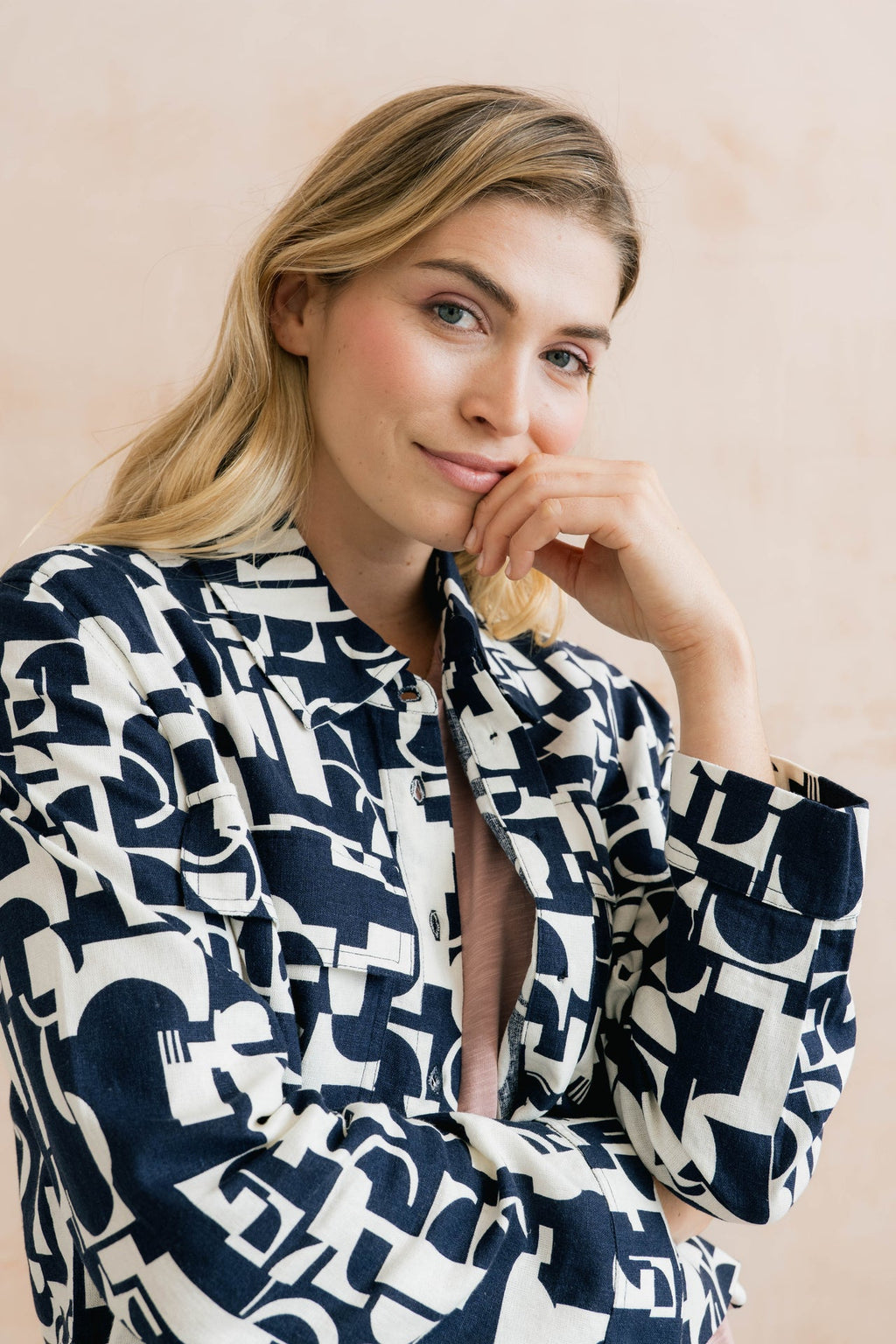 Lily and Me Grasslands Linen Blend Geo Print Jacket Navy