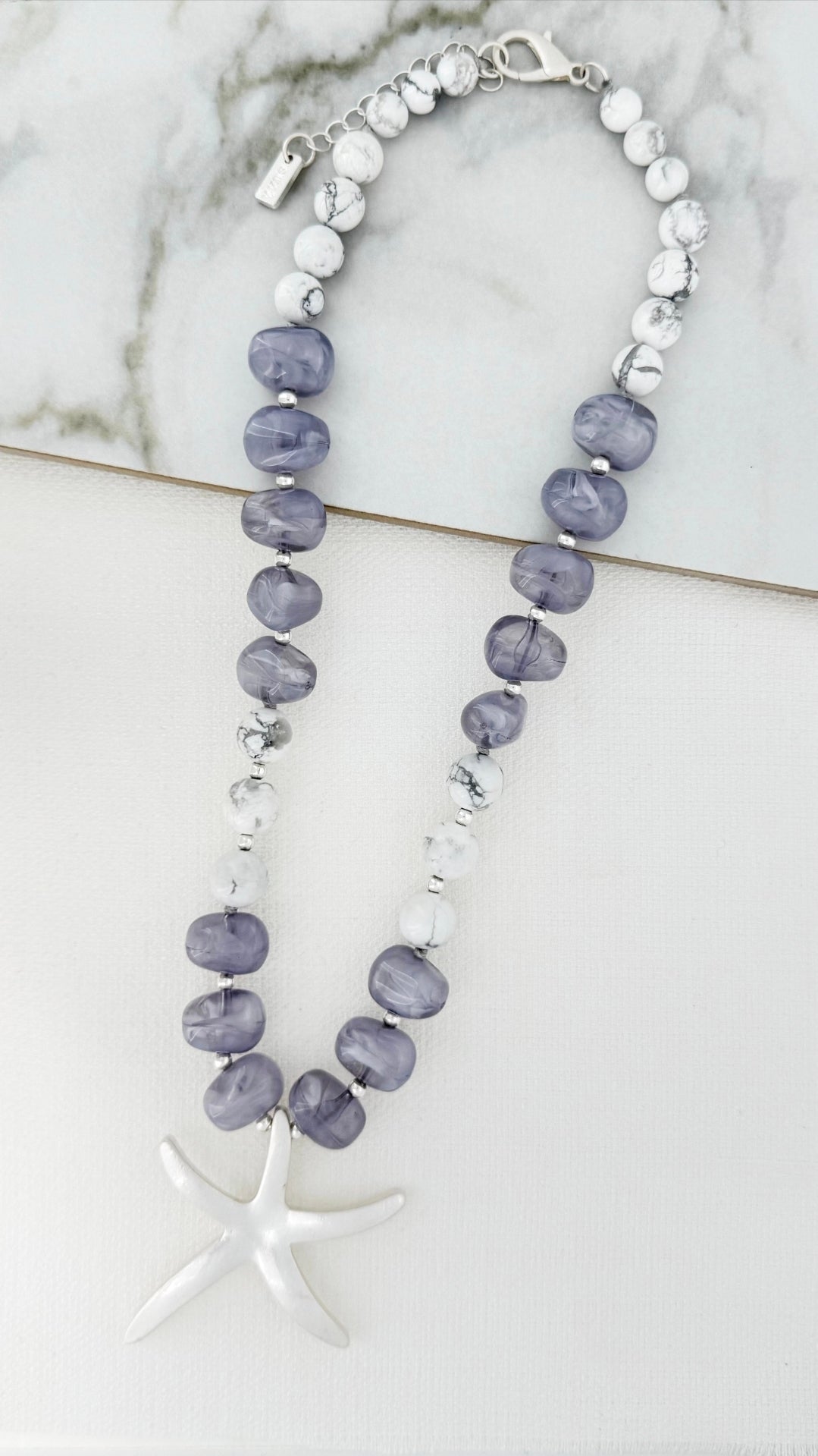 Envy 4740 Short white and grey bead necklace with silver starfish-Envy-White finn