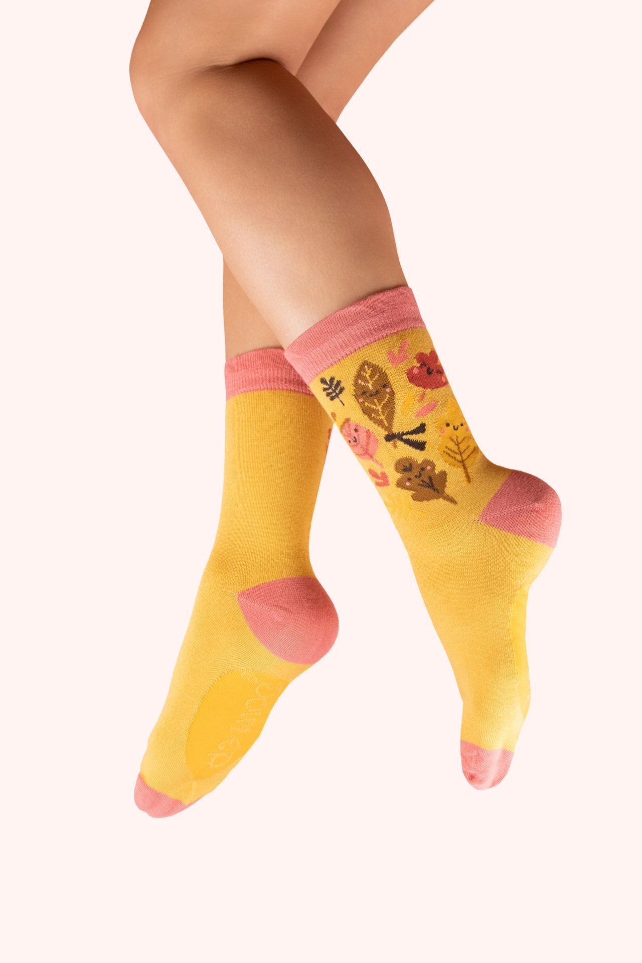 Powder Ankle Socks - Happy Leaves, Custard-sock-White finn