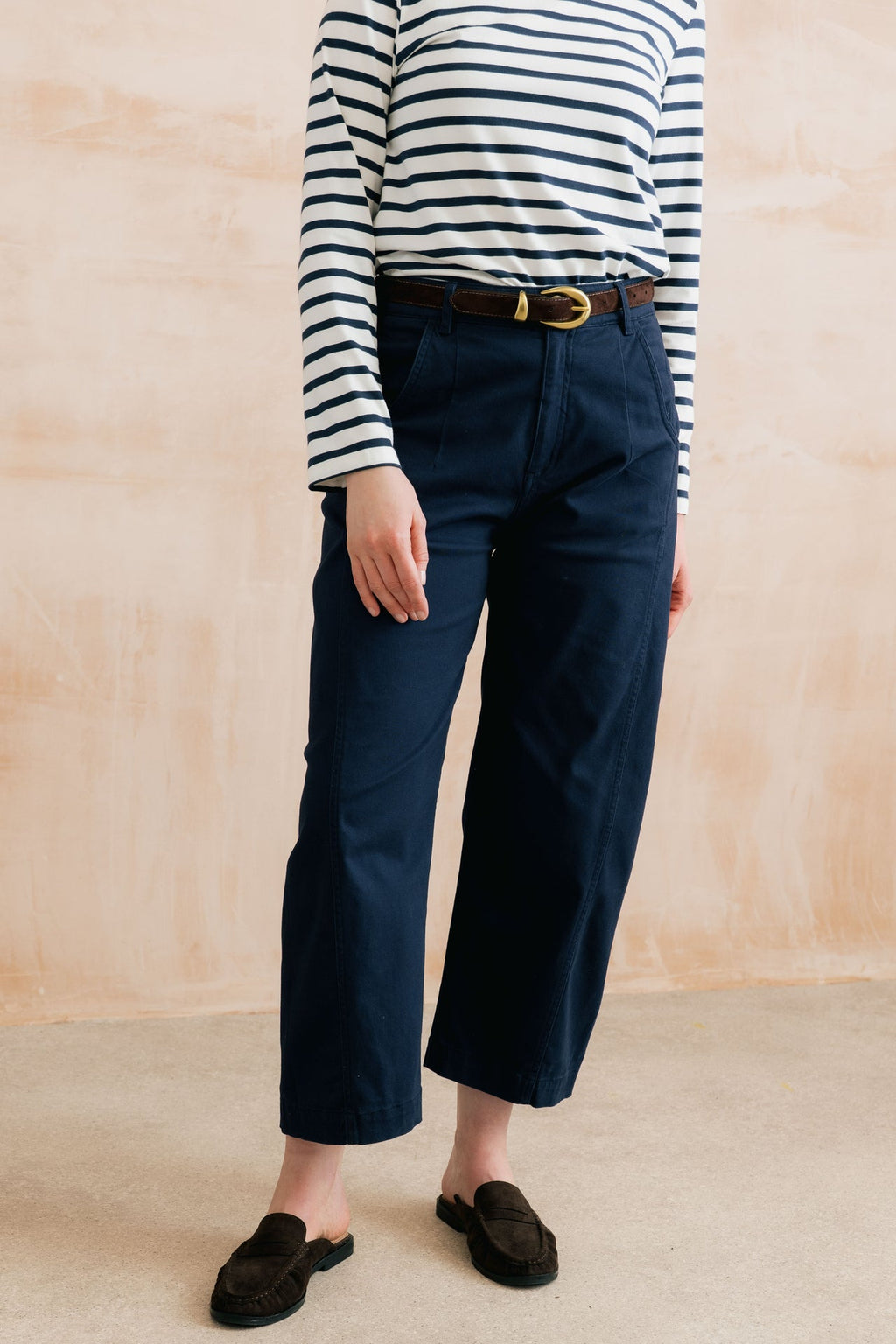 Lily and Me Charlie Barrel Leg Stretch Twill Trousers Navy