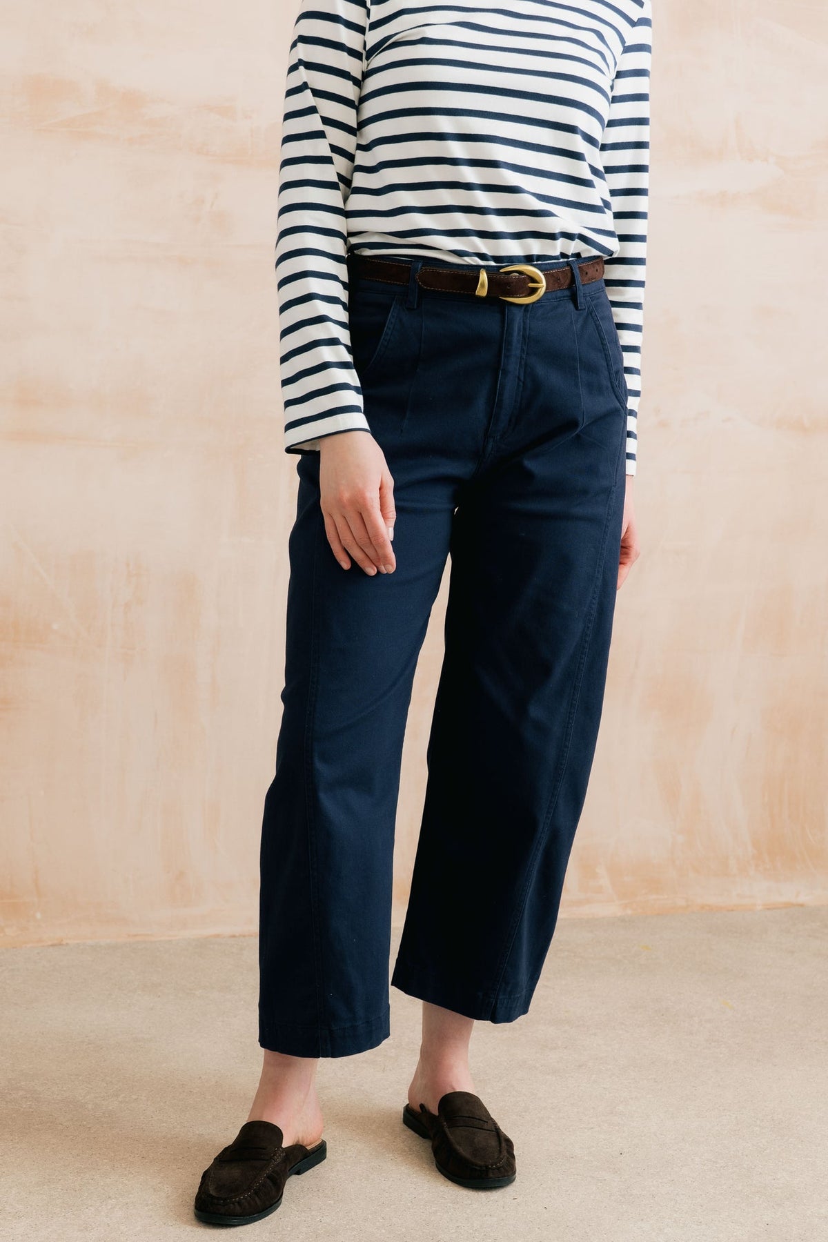 Lily and Me Charlie Barrel Leg Stretch Twill Trousers Navy