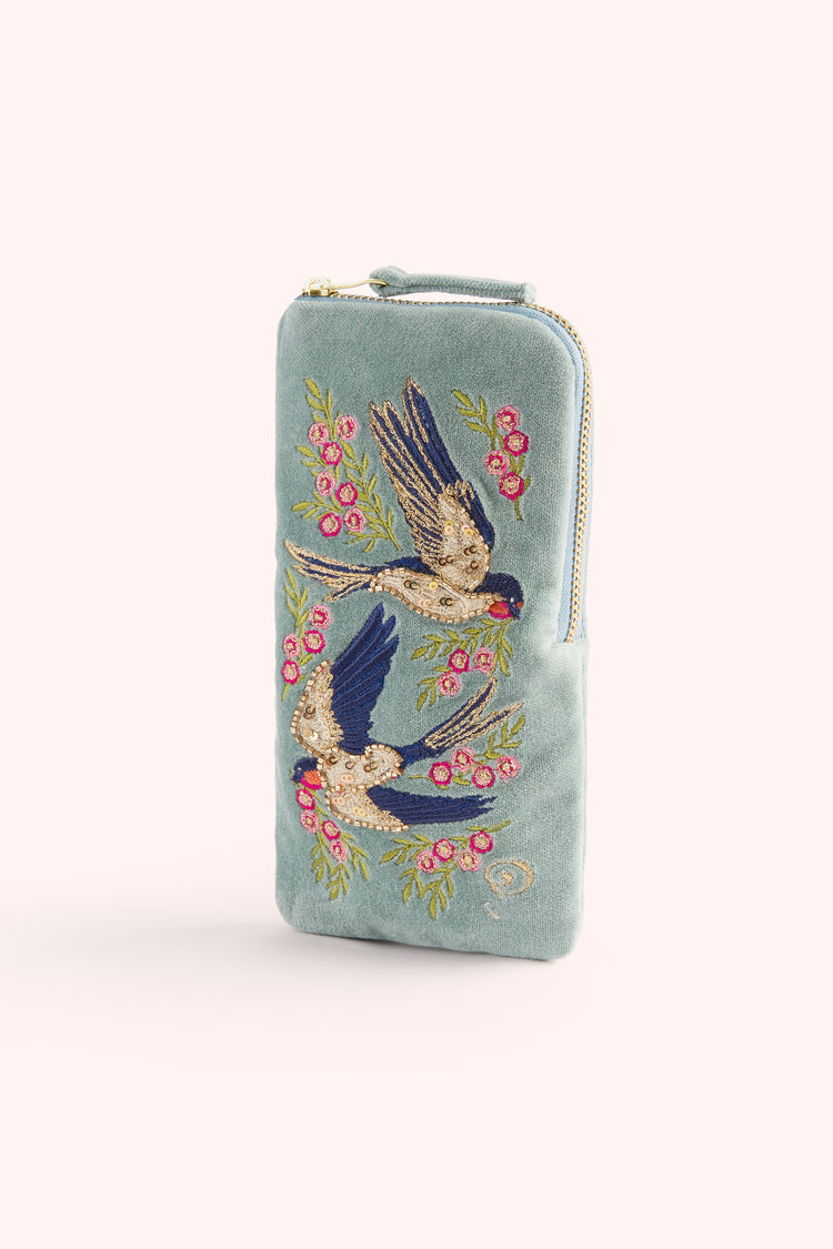 Powder Velvet Sunglasses Pouch - Swooping Swallows-Powder-White finn