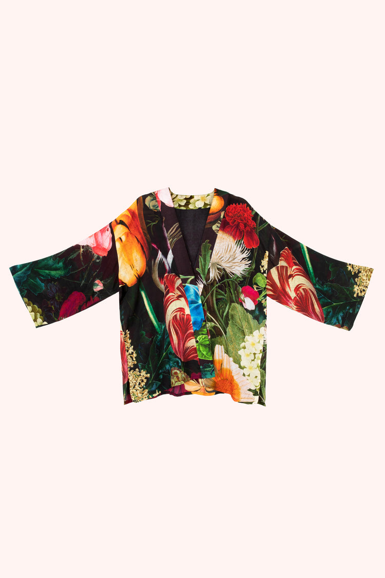 Powder Mid-Length Kimono - Opulant florals, Chocolate
