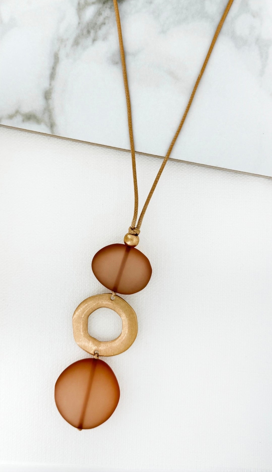 Envy 4736 Long taupe cord necklace with gold and tan frosted pendant-Envy-White finn