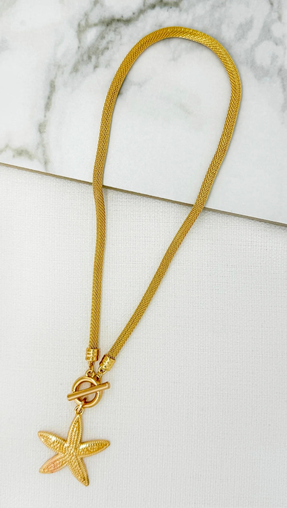 Envy 4769 Short gold mesh chain with T-bar and starfish pendant-Envy-White finn