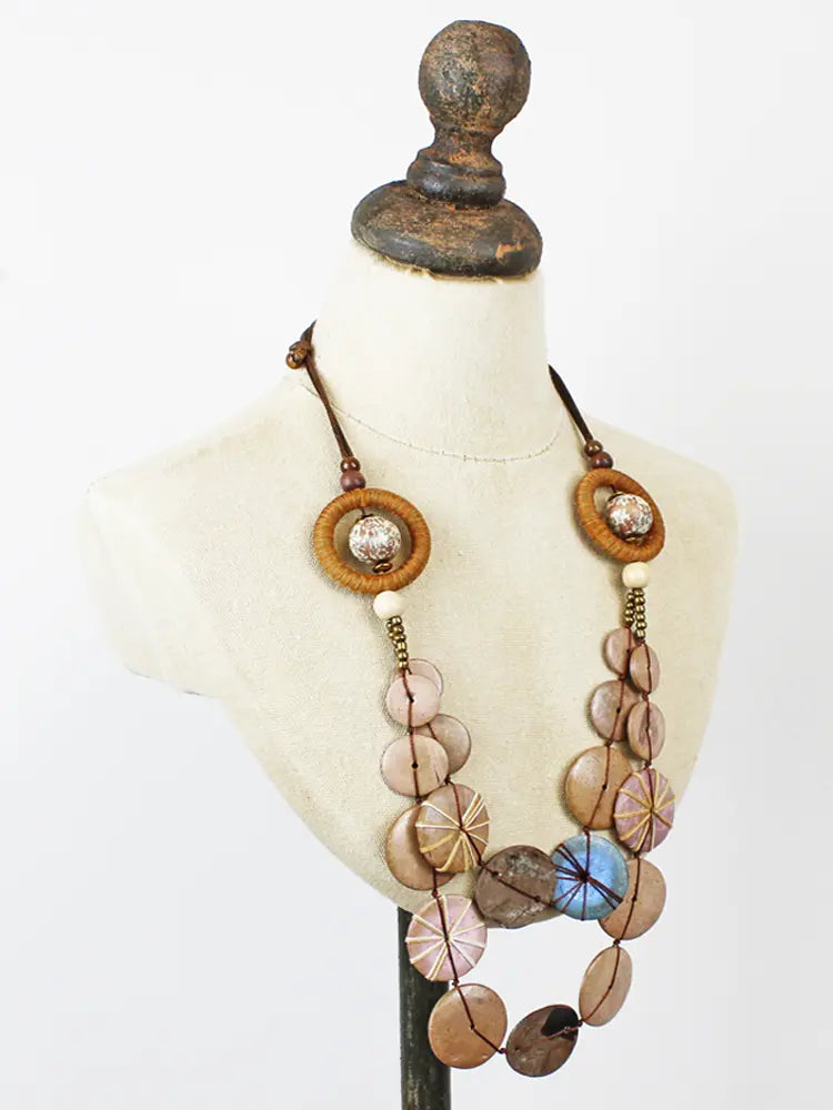 Suzie Blue Double Strand Wood And Shell Necklace UJ6519