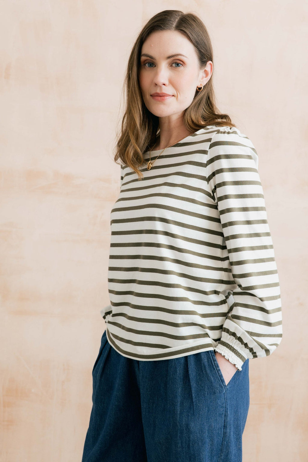 Lily and Me Caroline Striped Organic Cotton Jersey Top Olive/Ecru