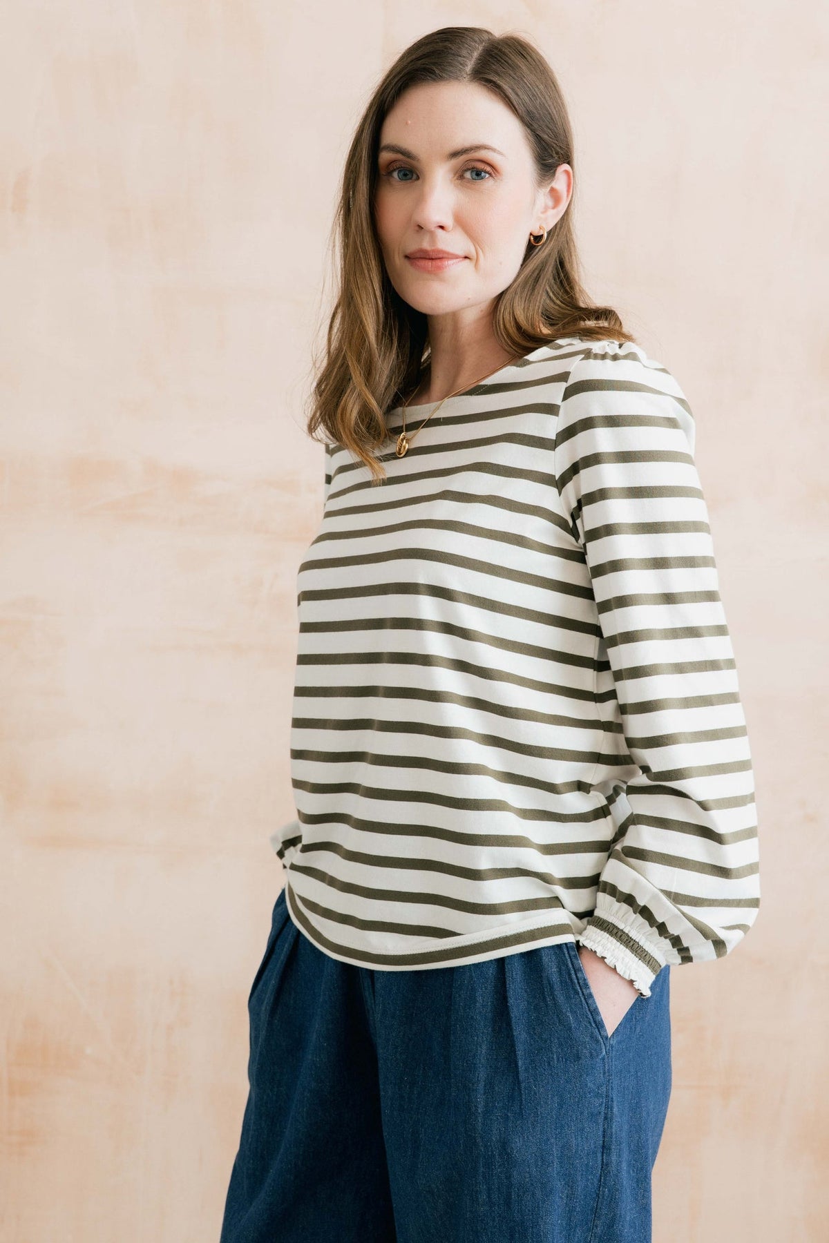 Lily and Me Caroline Striped Organic Cotton Jersey Top Olive/Ecru