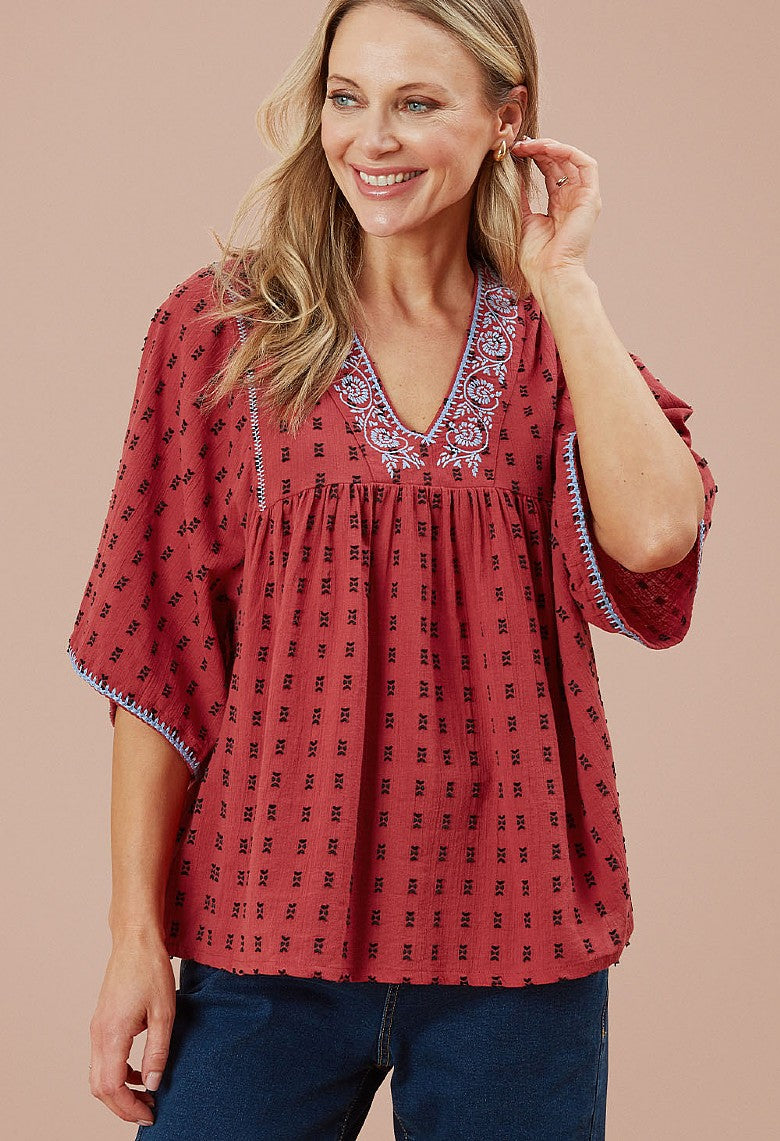 Adini Cotton Jacquard Dobby Top - Spiced Red-Adini-White finn