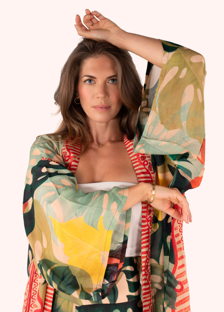 Powder Kimono Jacket - Exotic Leaves-Powder-White finn
